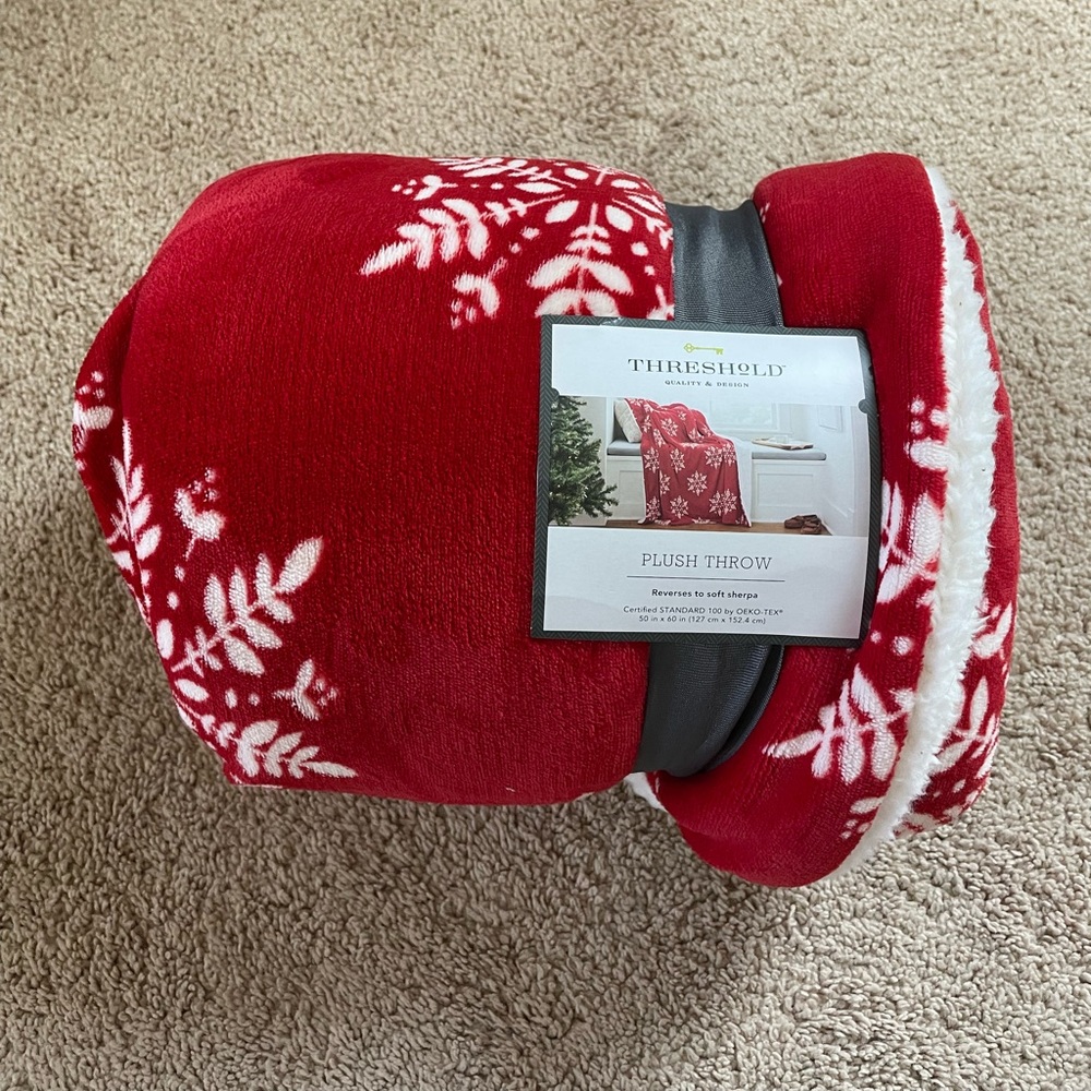 target red and white fuzzy sherpa blanket throw